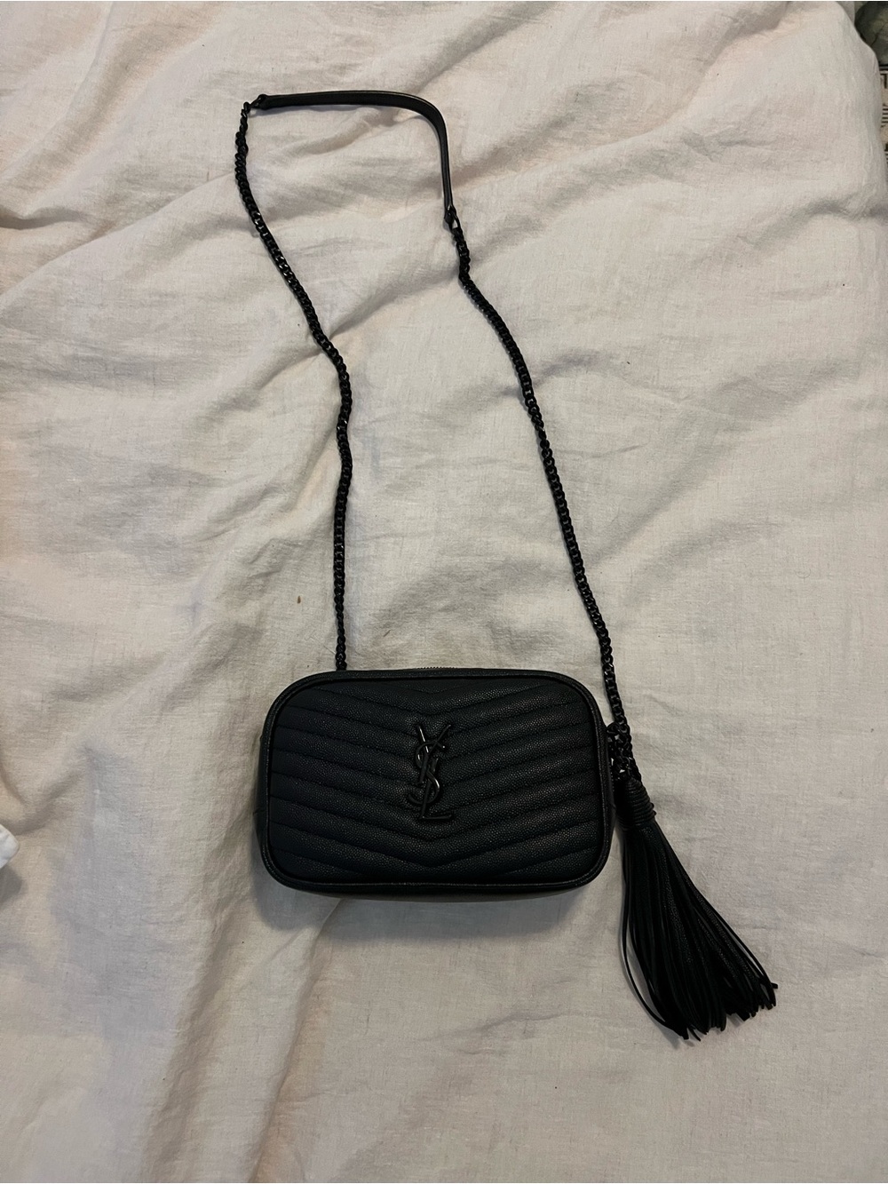 Saint Laurent Black Quilted Chevron Crossbody with Tassel - Picture 2 of 6